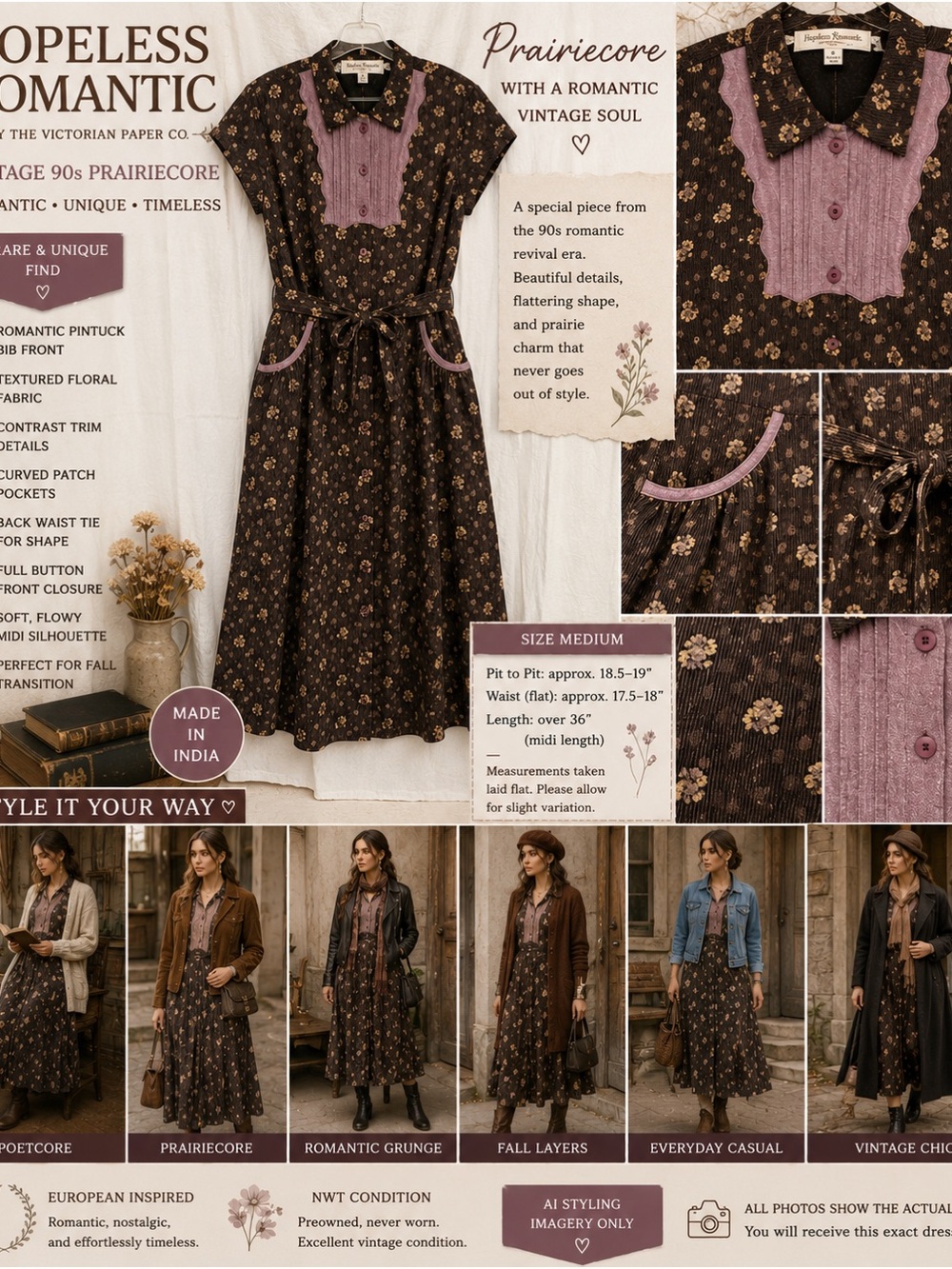 VTG 90s Hopeless Romantic Brown Floral Prairie Midi Dress M Pockets Button Front